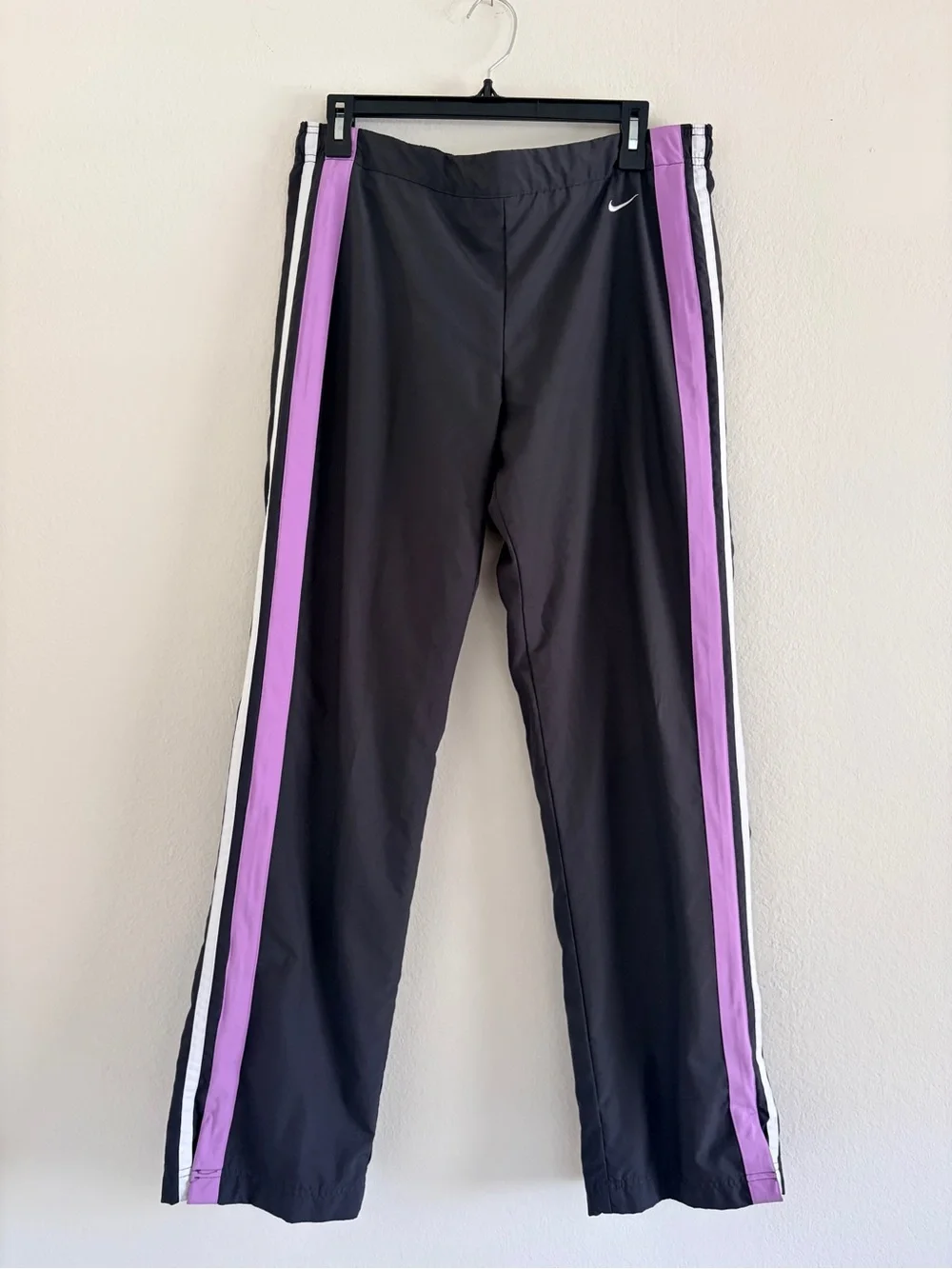Vintage Nike Dark Grey Track Pants with Lavender and White Stripe Accents